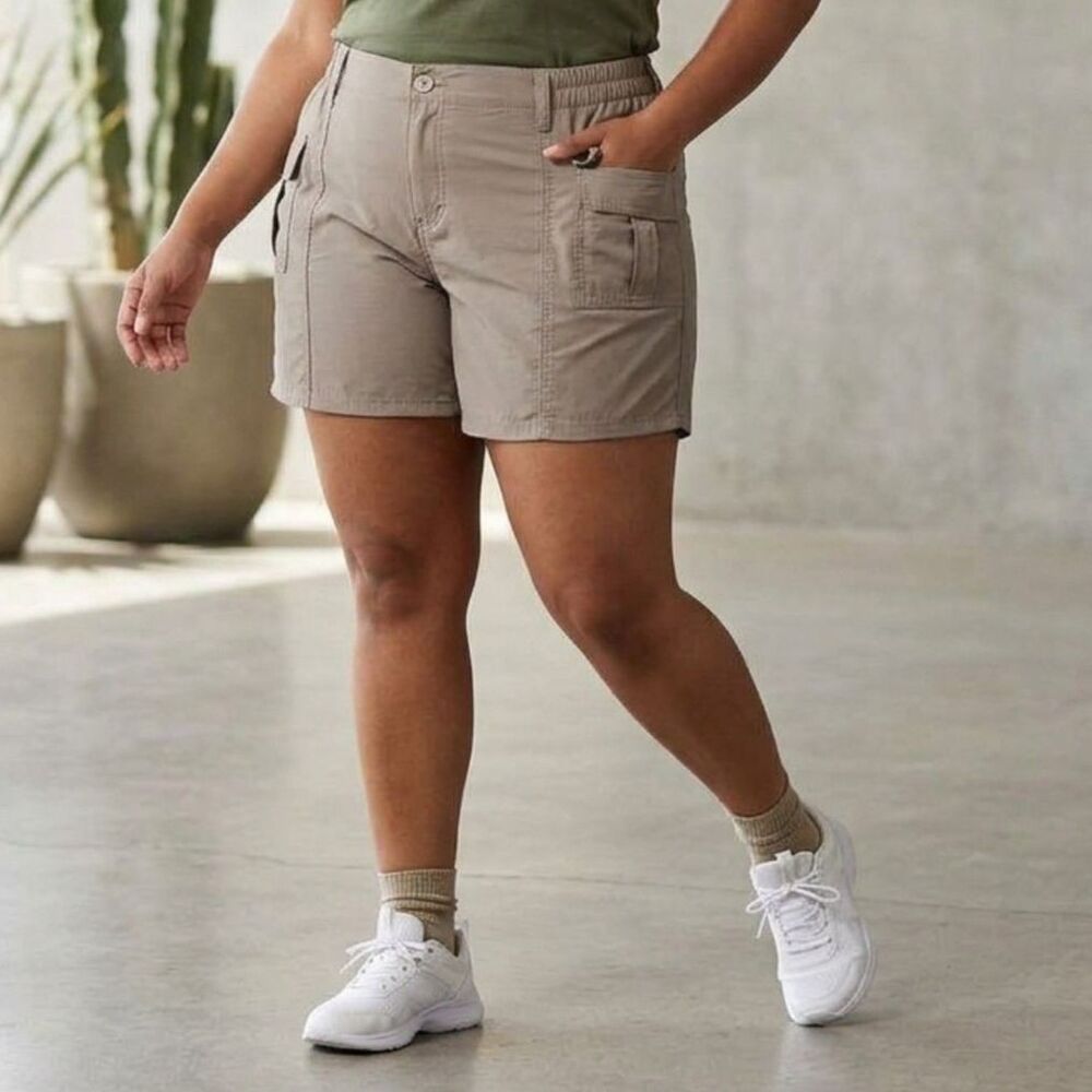 Womens Size 2XL Khaki Cargo Shorts Elastic Waist Casual Outdoor Utility Shorts